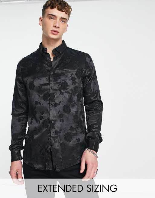ASOS DESIGN – Czarna satynowa koszula o regularnym kroju z żakardowym wzorem