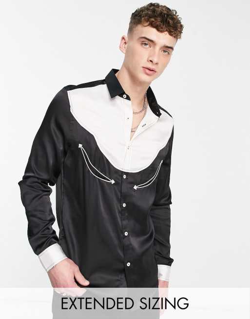 ASOS DESIGN – Czarna satynowa koszula z ozdobnymi przeszyciami w kowbojskim stylu