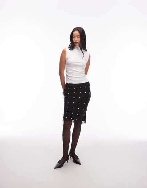 ASOS DESIGN – Czarna satynowa spódnica midi w groszki z koronkowym wykończeniem w stylu lat 90. - view 1