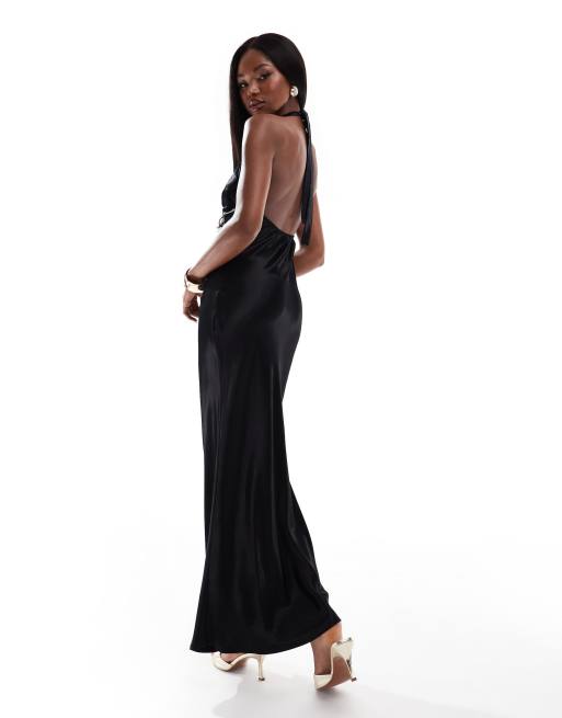 ASOS DESIGN – Czarna, satynowa sukienka maxi z dekoltem halter, 3 z 4