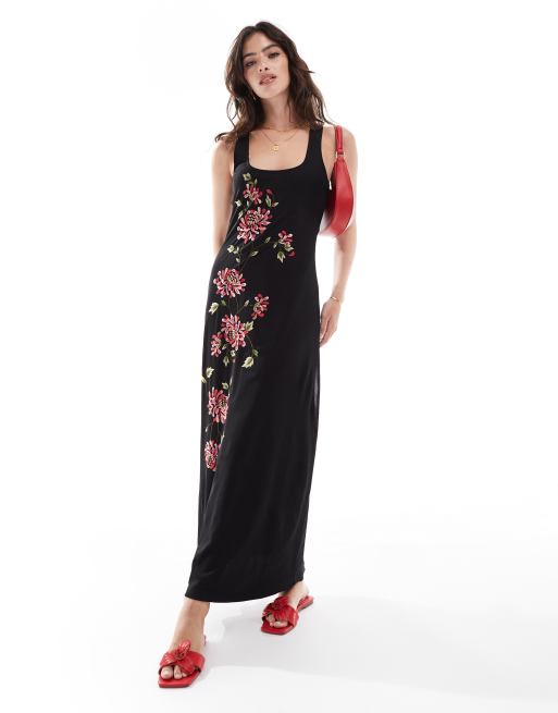 ASOS DESIGN – Czarna siateczkowa sukienka midi o fasonie bokserki w haftowany kwiatowy wzór