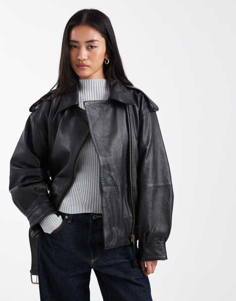 ASOS DESIGN – Czarna skórzana kurtka oversize typu biker z naturalnej skóry - view 1