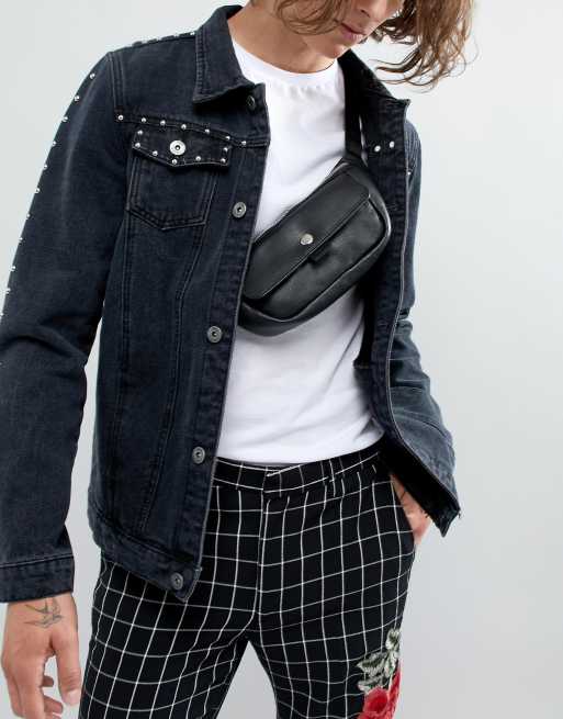 ASOS DESIGN – Czarna, skórzana saszetka na suwak z kieszonką zamykaną na zatrzask z przodu