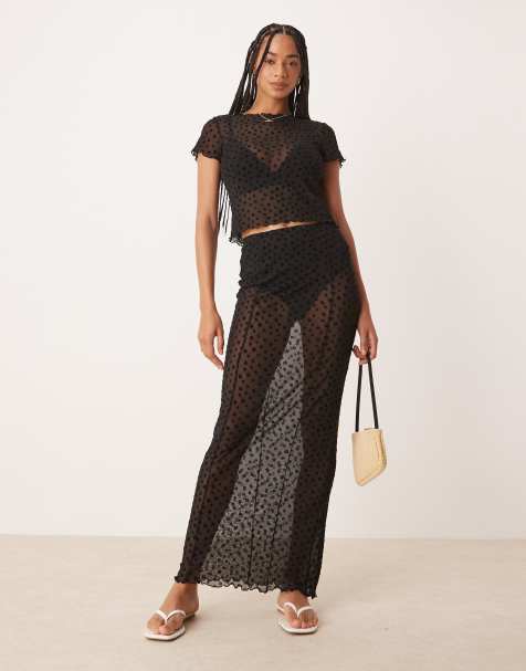 ASOS DESIGN floral flocked sheer mesh maxi skirt in black 