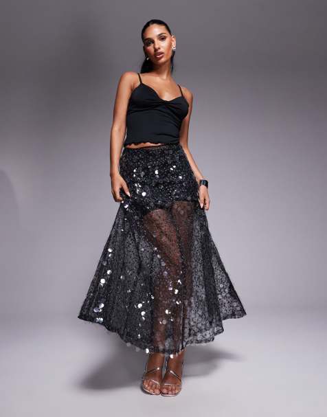 ASOS DESIGN embellished mesh maxi skirt in black