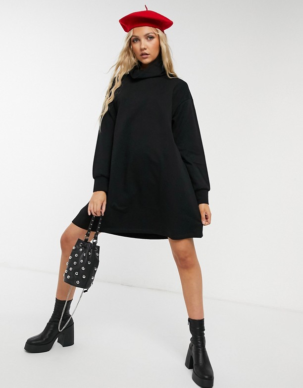  Najwyższa Jakość ASOS DESIGN – Czarna sukienka dresowa mini nad kolano z kieszeniami i drapowanym dekoltem Czarny
