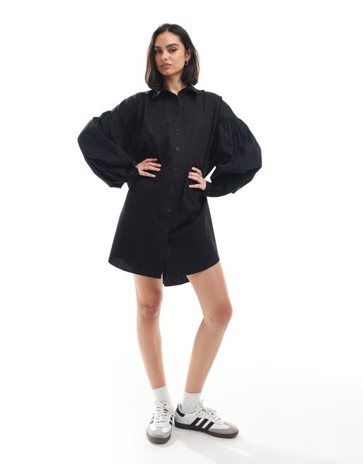 ASOS DESIGN – Czarna sukienka koszulowa mini o fasonie boyfriend z obszernymi rękawami