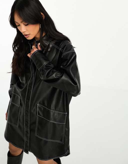 ASOS DESIGN – Czarna sukienka koszulowa oversize z poliuretanu z kontrastowym przeszyciem