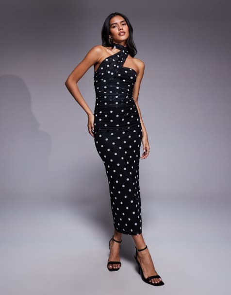 ASOS DESIGN – Czarna sukienka maxi bandeau ze wzorem w groszki i szalikiem - view 1