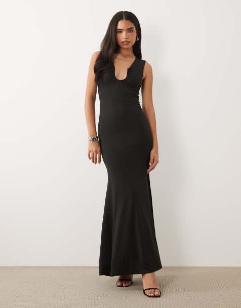 ASOS DESIGN – Czarna sukienka maxi bez rękawów o kroju syrenki z dekoltem w kształcie litery U i metalowym detalem - view 1
