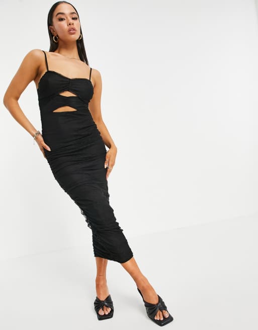 ASOS DESIGN – Czarna sukienka maxi bodycon z siateczki z marszczeniami i wycięciami