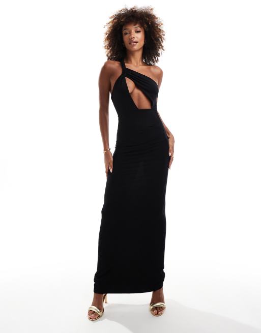 ASOS DESIGN – Czarna sukienka maxi na jedno ramię z wycięciem i supełkiem z przodu