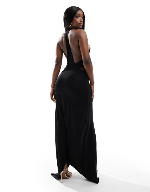 ASOS DESIGN – Czarna sukienka maxi o fasonie bokserki z asymetrycznym dołem i odkrytymi plecami