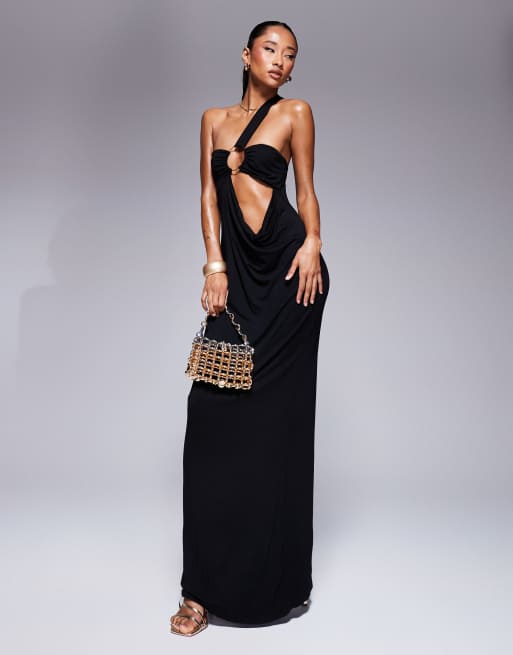 ASOS DESIGN – Czarna sukienka maxi z asymetrycznym dekoltem, drapowaną talią i ozdobnym pierścieniem w kolorze złota
