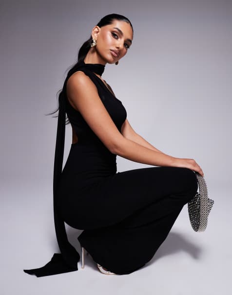 ASOS DESIGN – Czarna sukienka maxi z asymetrycznym dekoltem U i drapowanym szalem - view 1