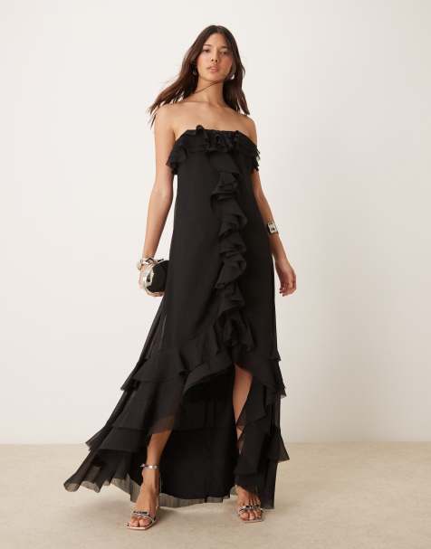 ASOS DESIGN – Czarna sukienka maxi z dekoltem bardot, falbankami i odsłoniętymi ramionami - view 1