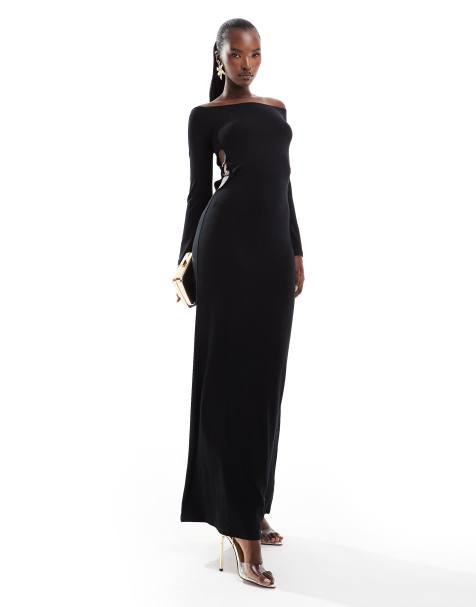ASOS DESIGN – Czarna sukienka maxi z dekoltem bardot i wycięciem z ozdobnym wykończeniem - view 1