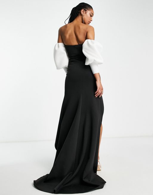 ASOS DESIGN – Czarna sukienka maxi z dekoltem bardot, rozcięciem i  kontrastowymi białymi bufkami | ASOS