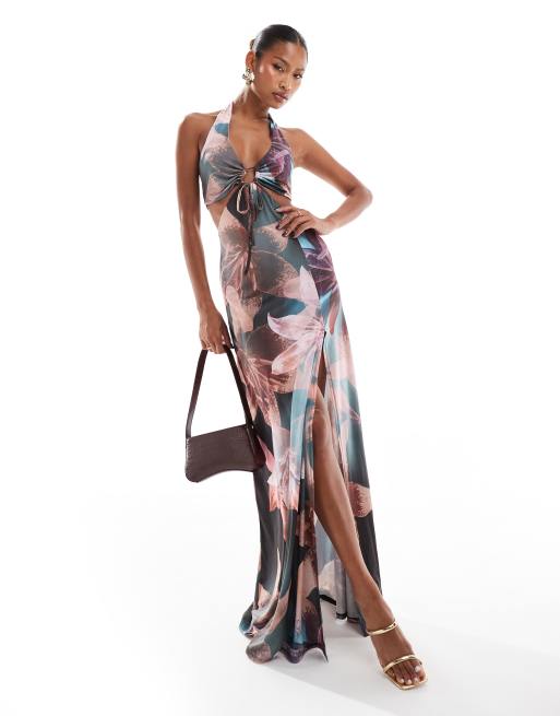ASOS DESIGN – Czarna sukienka maxi z dekoltem halter i wycięciem w kwiatowy wzór