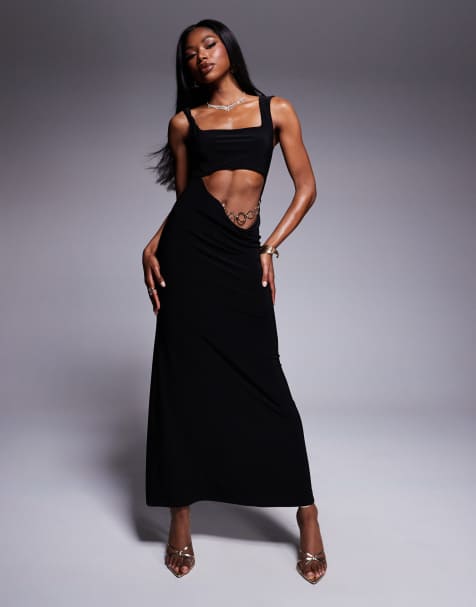ASOS DESIGN – Czarna sukienka maxi z dekoltem karo, drapowanym wycięciem i ozdobnym łańcuszkiem w talii w stylu lat 90. - view 1