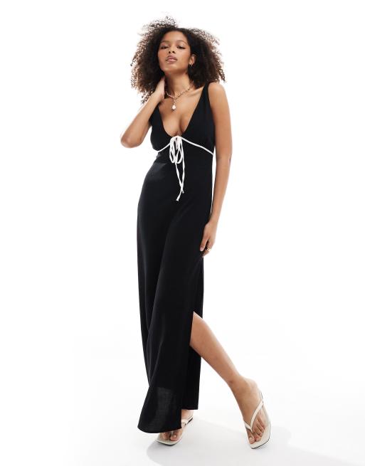 ASOS DESIGN – Czarna sukienka maxi z domieszką lnu z kontrastową wstawką