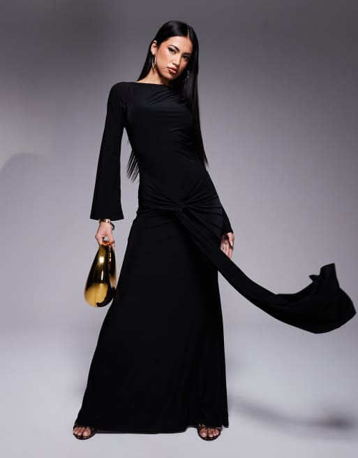 ASOS DESIGN – Czarna sukienka maxi z długim rękawem, asymetrycznym dekoltem i wiązaniem z szarfą z przodu