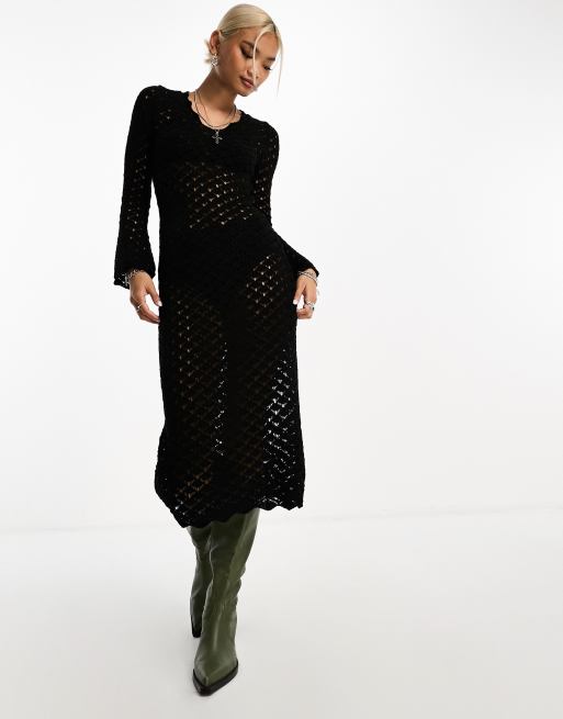 ASOS DESIGN – Czarna sukienka maxi z długim rękawem z ozdobnymi szwami z dzianiny pointelle