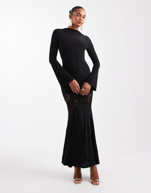 ASOS DESIGN long sleeve cut out lace detail maxi dress in black