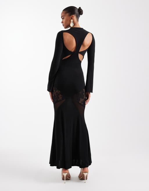 ASOS DESIGN long sleeve cut out lace detail maxi dress in black