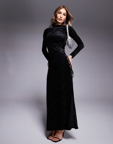ASOS DESIGN – Czarna sukienka maxi z długimi rękawami, wzorem devore i głębokim wiązaniem z boku - view 1