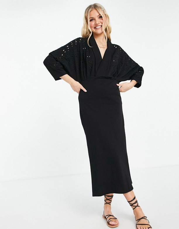 Fabryka ASOS DESIGN – Czarna sukienka maxi z głębokim dekoltem i ażurowym wzorem Black