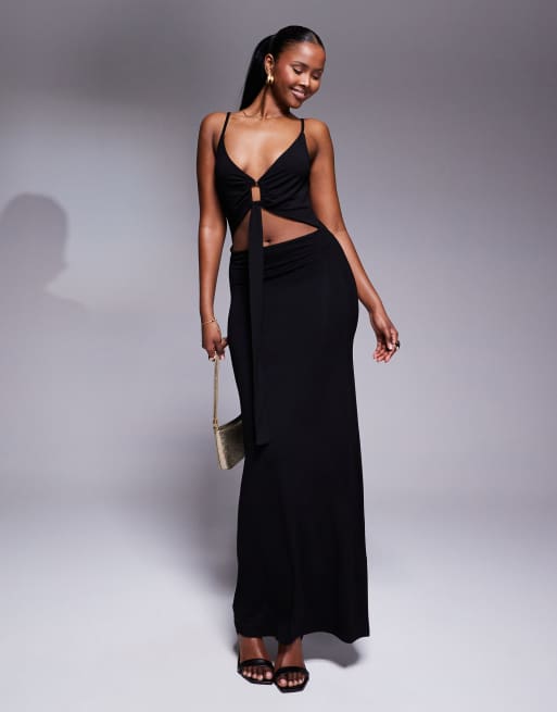 ASOS DESIGN – Czarna sukienka maxi z głębokim dekoltem, wycięciem i marszczeniem