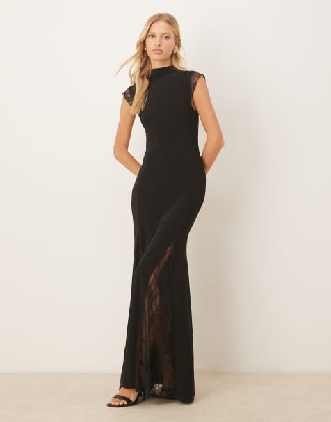 ASOS DESIGN – Czarna sukienka maxi z golfem, krótkimi rękawkami i koronkowymi wstawkami - view 1