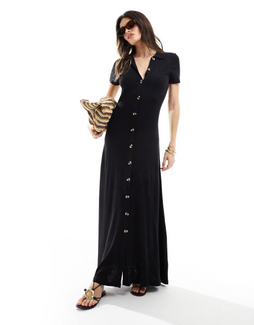ASOS DESIGN – Czarna sukienka maxi z imitacji lnu z kołnierzykiem i guzikami z przodu