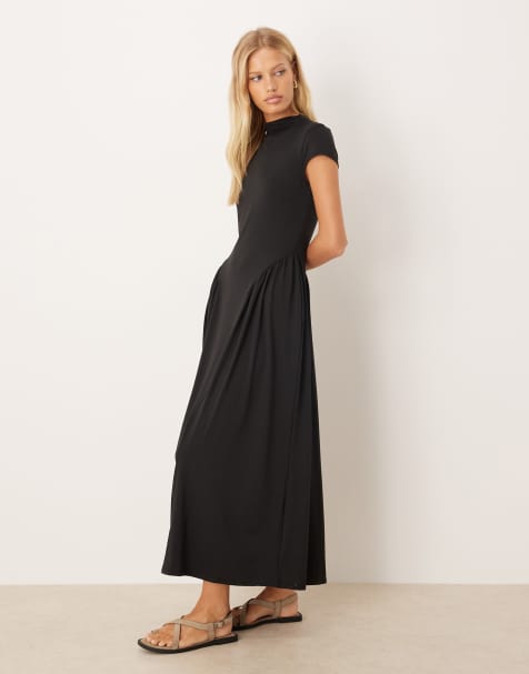 ASOS DESIGN – Czarna sukienka maxi z krótkimi rękawkami i marszczeniem na biodrach - view 1