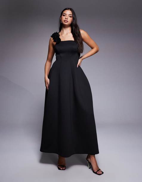 ASOS DESIGN – Czarna sukienka maxi z materiału w stylu scuba z dekoltem bandeau i kwiatkami - view 1