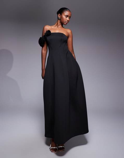 ASOS DESIGN bandeau  maxi dress with flower detail in black in scuba-style fabric