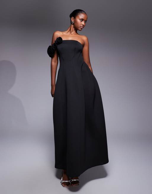 ASOS DESIGN – Czarna sukienka maxi z materiału w stylu scuba z dekoltem bandeau i kwiatkami