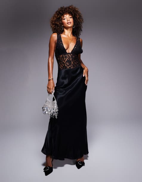 ASOS DESIGN – Czarna sukienka maxi z satyny i koronki - view 1