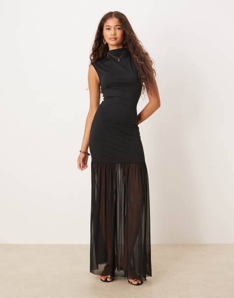 ASOS DESIGN high neck detail maxi dress with mesh skirt in black