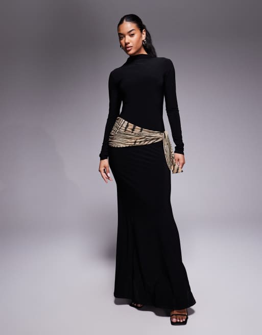 ASOS DESIGN – Czarna sukienka maxi z zabudowanym dekoltem, odkrytymi plecami i kolorową apaszką ze wzorem
