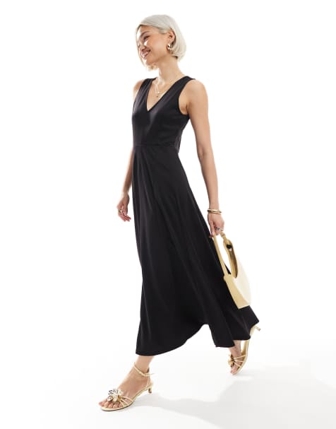ASOS DESIGN ponte sleeveless V neck godet midi dress in black