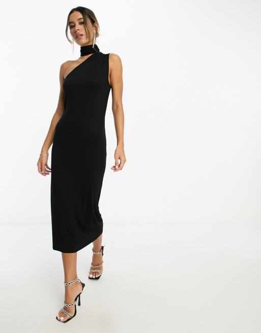 ASOS DESIGN – Czarna sukienka midi na jedno ramię z dekoltem halter, 2 z 4