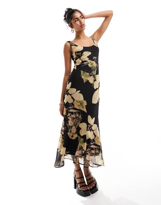 ASOS DESIGN – Czarna sukienka midi na ramiączkach z dekoltem w kształcie litery U w kwiatowy wzór