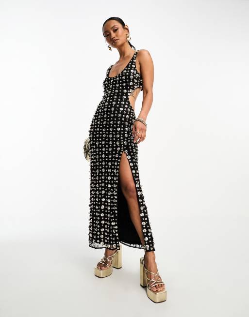 ASOS DESIGN – Czarna sukienka midi na ramiączkach ze zdobieniem na całej powierzchni