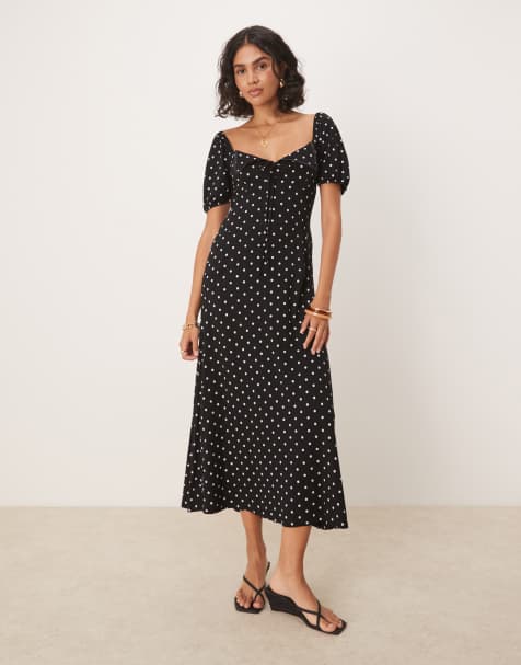 ASOS DESIGN – Czarna sukienka midi w groszki z bufkami i muszelkowo wykończonym kołnierzem - view 1