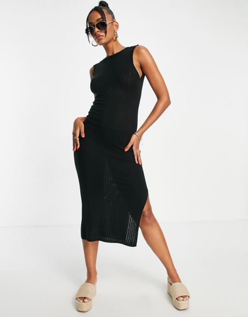 ASOS DESIGN – Czarna sukienka midi z ażurowego materiału z odkrytymi plecami