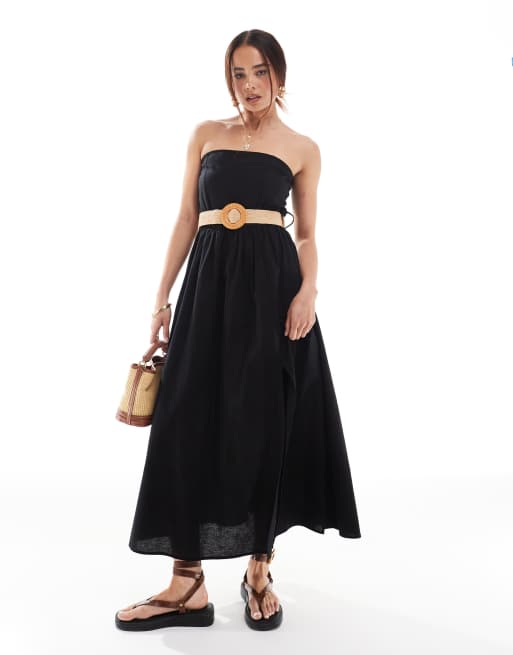 ASOS DESIGN – Czarna sukienka midi z dekoltem bandeau, pełną spódnicą i paskiem z domieszką lnu