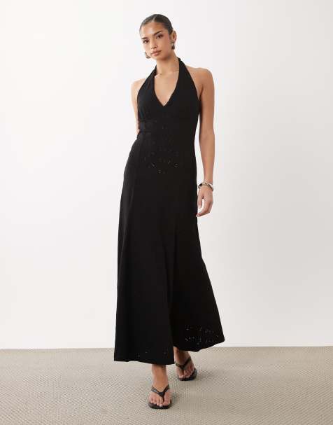 ASOS DESIGN – Czarna sukienka midi z dekoltem halter i haftem angielskim - view 1