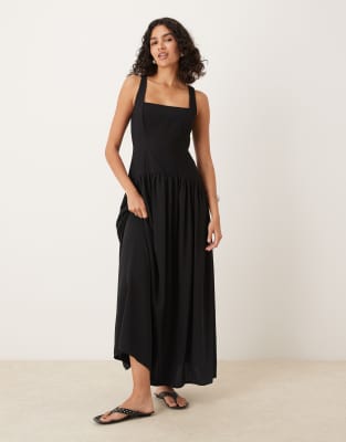 ASOS DESIGN – Czarna sukienka midi z dekoltem karo i obniżonym stanem - view 1